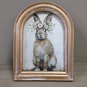 New Arched Spring Print Picture Art Shelf Sitter Decor - Bunny With Flowers